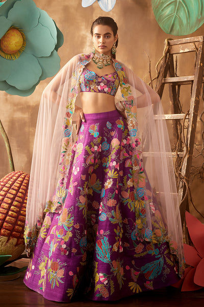 Front view of purple pastiche raw silk appliquéd lehenga with blouse and cutwork dupatta