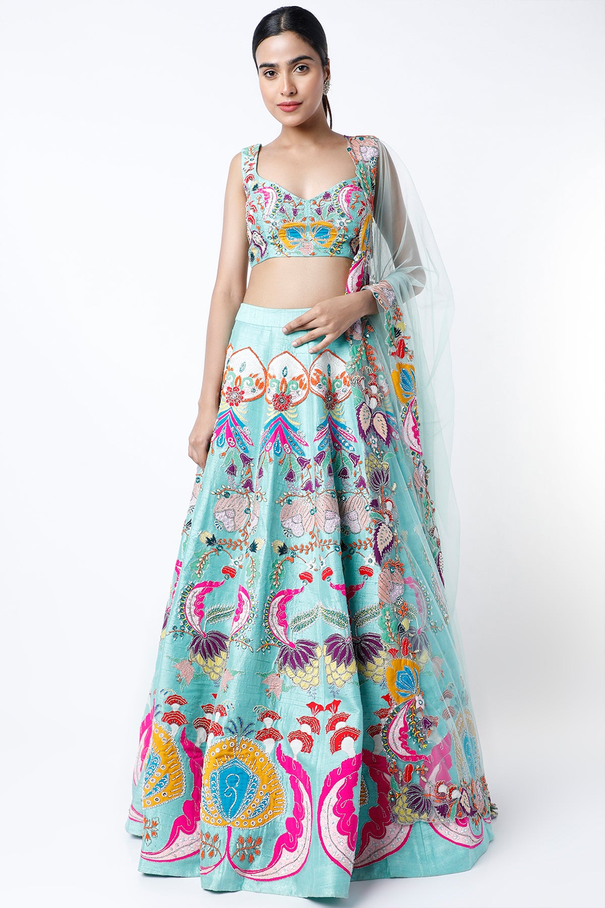 Front view of scuba blue nadenka raw silk appliquéd lehenga with blouse and cutwork dupatta