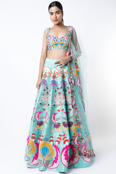 Front view of scuba blue nadenka raw silk appliquéd lehenga with blouse and cutwork dupatta