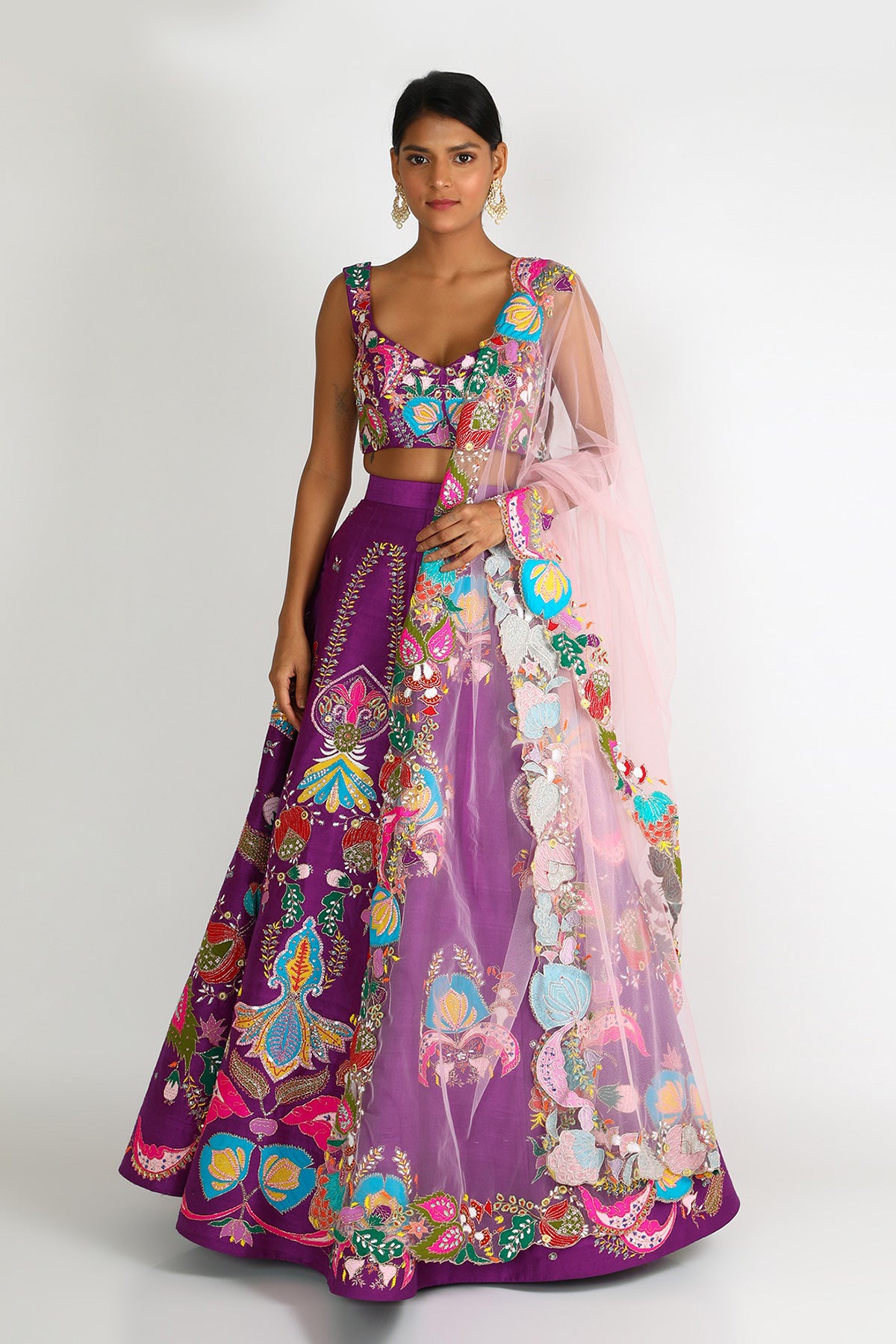 Front view of violet nadenka raw silk appliquéd lehenga with blouse and cutwork dupatta
