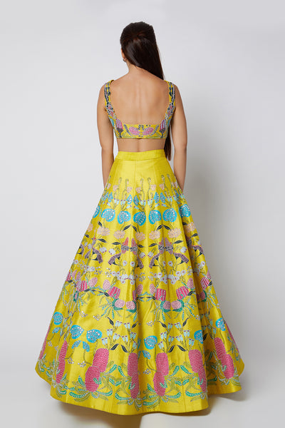 Back view of yellow pastiche raw silk appliquéd lehenga with blouse and cutwork tulle dupatta