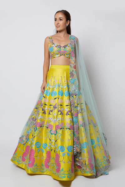 Front view of yellow pastiche raw silk appliquéd lehenga with blouse and cutwork tulle dupatta